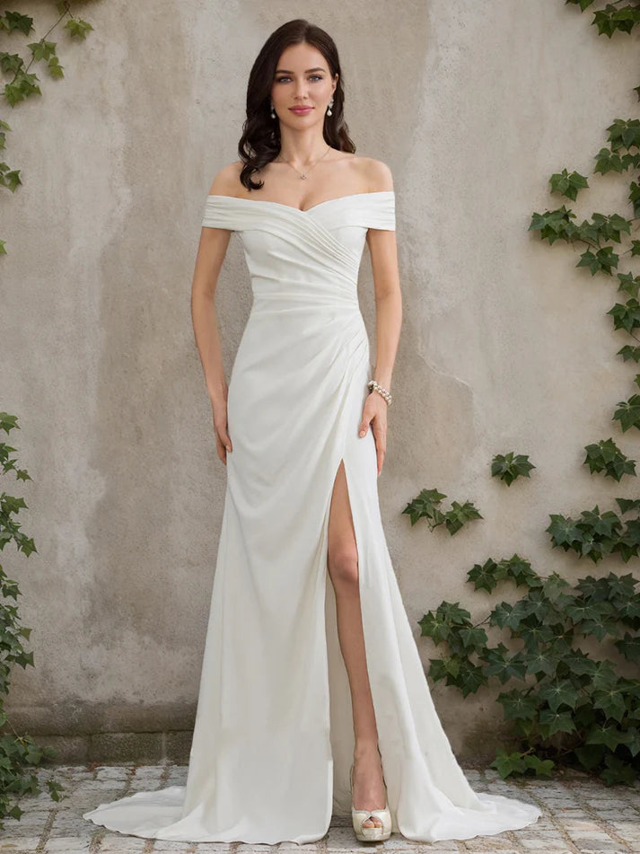 A-Line/Princess Off-the-Shoulder Short Sleeves Split Side Retract Your WaistWedding Dresses